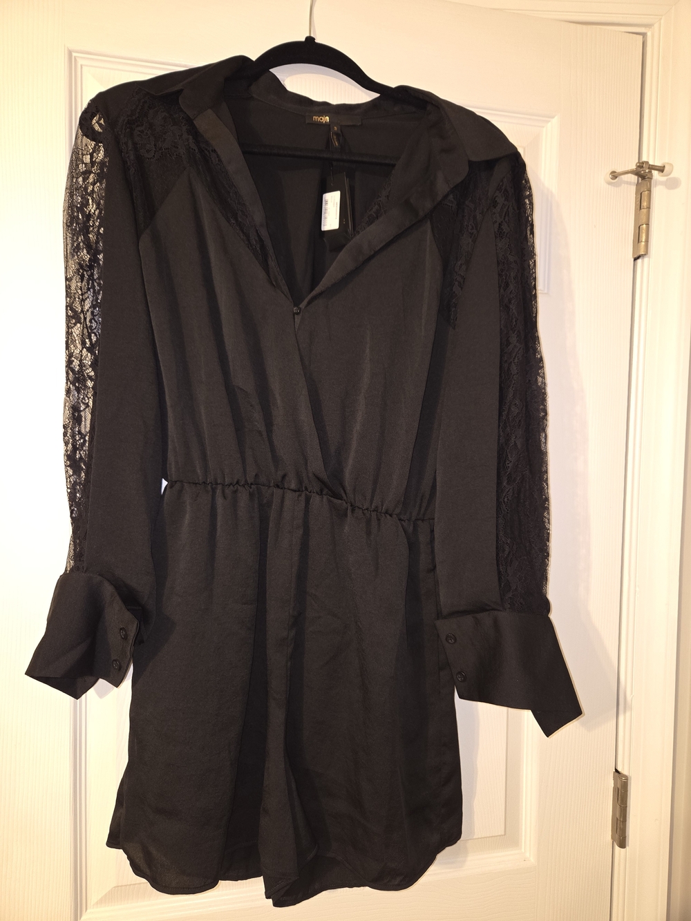 Maje Black Long-Sleeve Lace-Panel Romper Dress